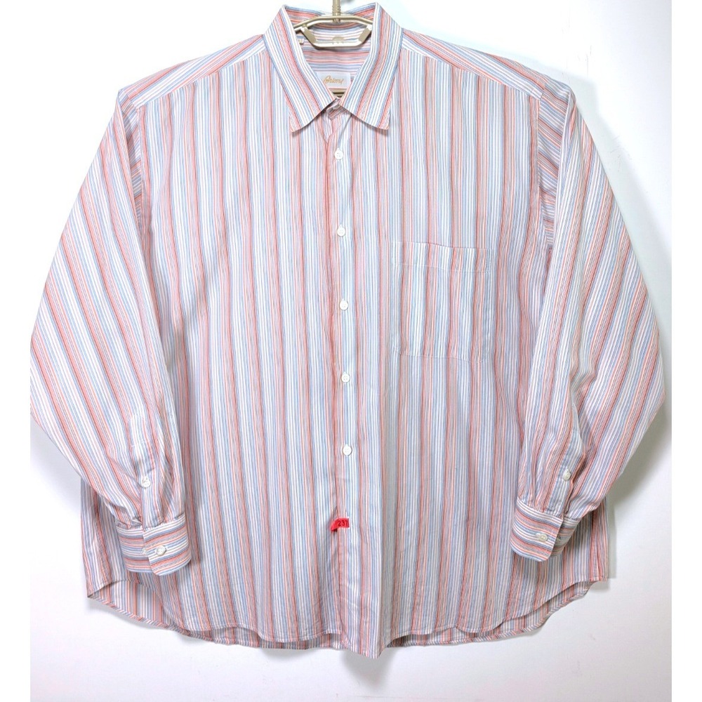 Brioni Mens XXL Button Down Shirt Cotton Blue Orange Stripe Cotton Made In Italy